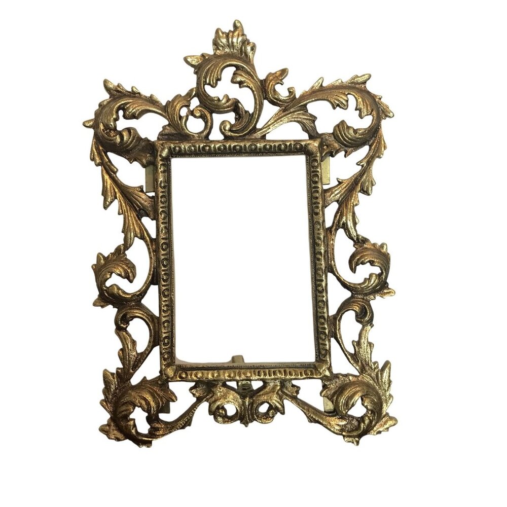 Antique Ornate Victorian Brass Picture Frame W/ Easel Stand 3.5 X 5 Photo